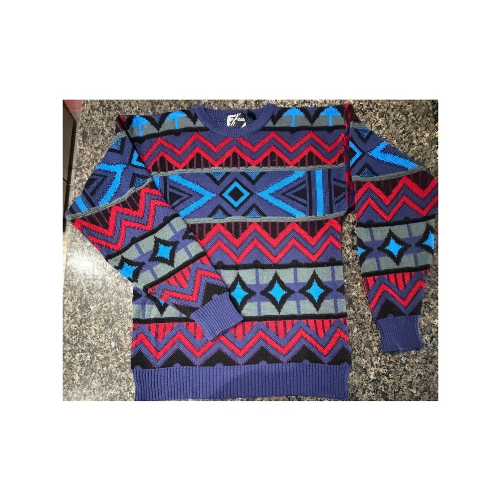 Vintage Tyrolia Skiwear Wool Blend Geometric Chevron Sweater Purple Blue Red L